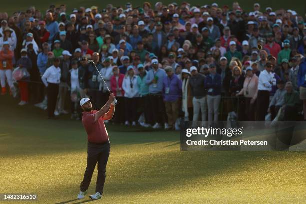 Jon Rahm of Spain plays his second shot on the 18th hole during the final round of the 2023 Masters Tournament at Augusta National Golf Club on April...