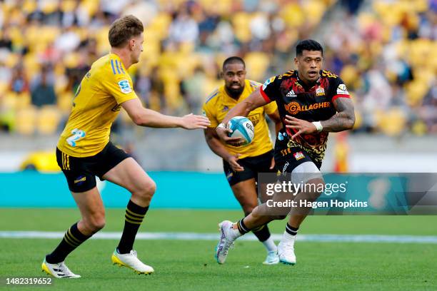 Etene Nanai-Seturo of the Chiefs on attack during the round eight Super Rugby Pacific match between Hurricanes and Chiefs at Sky Stadium, on April 15...