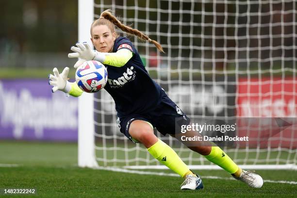 Victory goalkeeper Casey Dumont warms up before the A-League Women's Semi Final match between Melbourne City and Melbourne Victory at Casey Fields,...