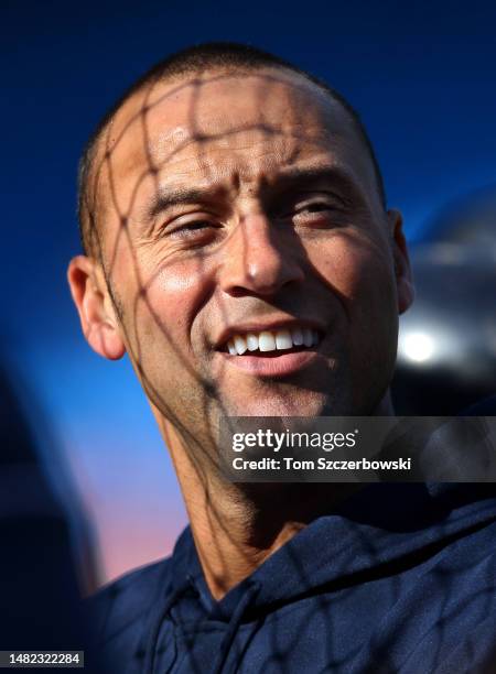 Derek Jeter of the New York Yankees looks on during batting practice before playing against the Toronto Blue Jays prior to the start of MLB game...