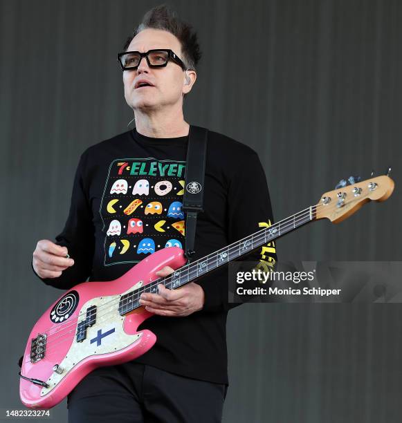 Mark Hoppus of Blink-182 performs at the Sahara Tent during the 2023 Coachella Valley Music and Arts Festival on April 14, 2023 in Indio, California.