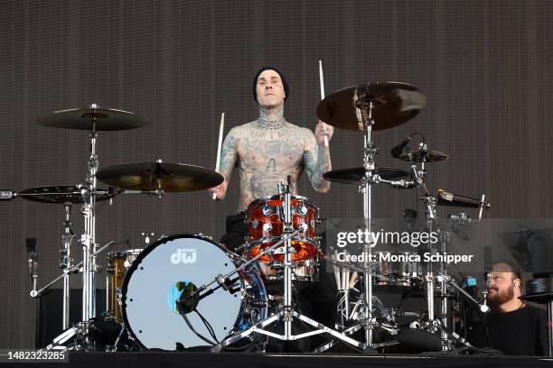 Travis Barker of Blink-182 performs at the Sahara Tent during the 2023 Coachella Valley Music and Arts Festival on April 14, 2023 in Indio,...