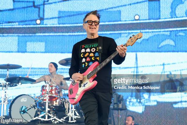 Travis Barker and Mark Hoppus of Blink-182 performs at the Sahara Tent during the 2023 Coachella Valley Music and Arts Festival on April 14, 2023 in...