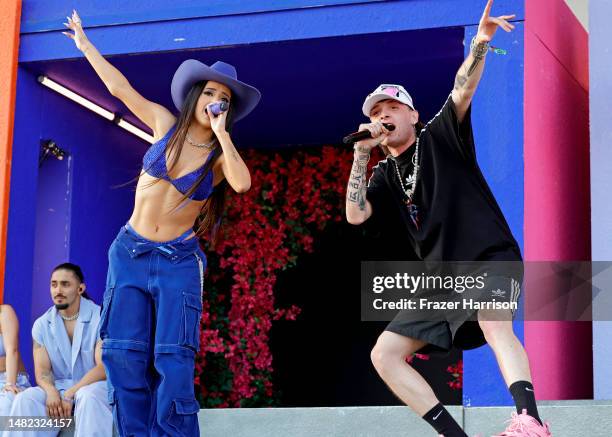 Peso Pluma performs with Becky G at the Coachella Stage during the 2023 Coachella Valley Music and Arts Festival on April 14, 2023 in Indio,...
