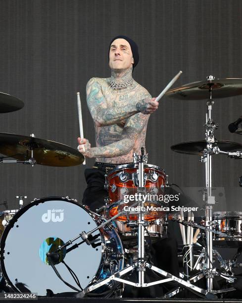 Travis Barker of Blink-182 performs at the Sahara Tent during the 2023 Coachella Valley Music and Arts Festival on April 14, 2023 in Indio,...