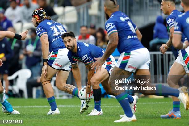 Shaun Johnson of the Warriors passes during the round seven NRL match between New Zealand Warriors and North Queensland Cowboys at Mt Smart Stadium...