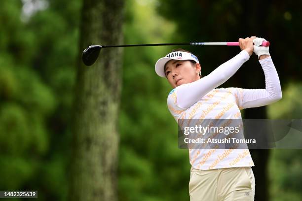 Chie Arimura of Japan hits her tee shot on the 4th hole during the second round of KKTcup VANTELIN Ladies Open at Kumamoto Kuko Country Club on April...