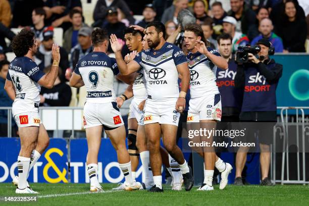 Cowboys celebrate a try during the round seven NRL match between New Zealand Warriors and North Queensland Cowboys at Mt Smart Stadium on April 15,...