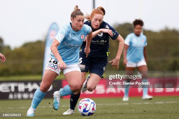 Rhianna Pollicina of Melbourne City runs with the ball during the A-League Women's Semi Final match between Melbourne City and Melbourne Victory at...