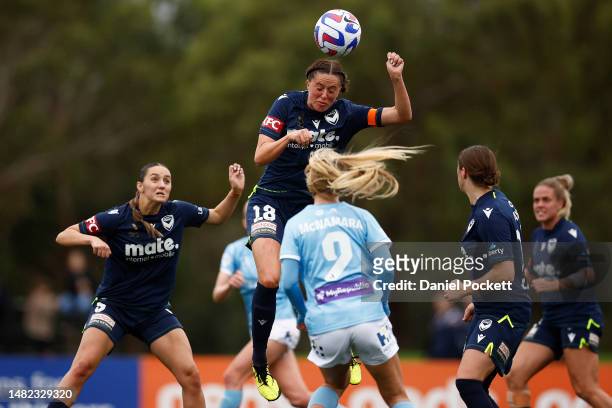 Kayla Morrison of the Victory heads the ball away from defensive goal during the A-League Women's Semi Final match between Melbourne City and...