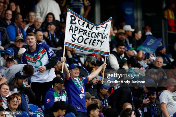 Warriors fans show their support during the round seven NRL match between New Zealand Warriors and North Queensland Cowboys at Mt Smart Stadium on...