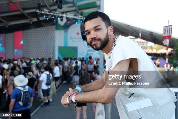 Justice Smith enjoys his time at the Heineken House at the 2023 Coachella Valley Music and Arts Festival on April 14, 2023 in Indio, California.