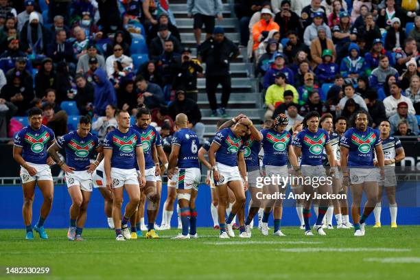 Warriors Players celebrate a try during the round seven NRL match between New Zealand Warriors and North Queensland Cowboys at Mt Smart Stadium on...