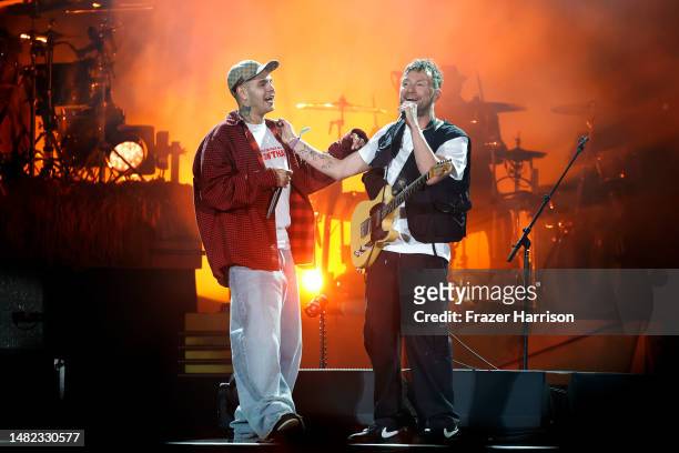Slowthai and Damon Albarn of Gorillaz perform at the Coachella Stage during the 2023 Coachella Valley Music and Arts Festival on April 14, 2023 in...
