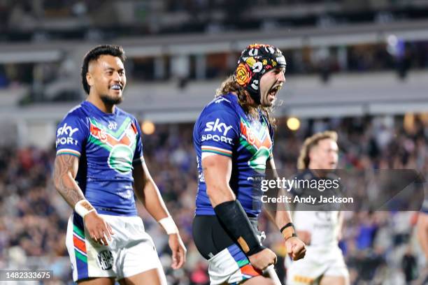 Warriors celebrate a try to Josh Curran of the Warriors during the round seven NRL match between New Zealand Warriors and North Queensland Cowboys at...