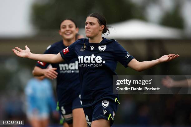 Melina Ayres of the Victory celebrates scoring her second goal during the A-League Women's Semi Final match between Melbourne City and Melbourne...