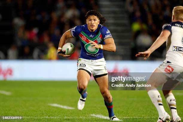 Dallin Watene-Zelezniak of the Warriors runs the ball during the round seven NRL match between New Zealand Warriors and North Queensland Cowboys at...