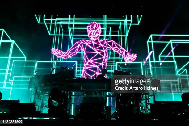 Ed Simons and Tom Rowlands of The Chemical Brothers perform at the Outdoor Theatre during the 2023 Coachella Valley Music and Arts Festival on April...
