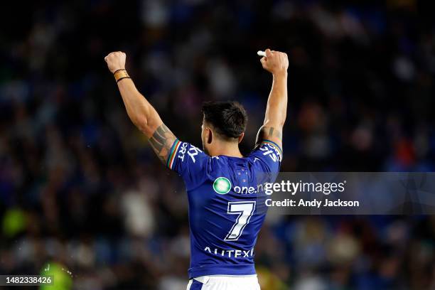 Shaun Johnson of the Warriors celebrates the win during the round seven NRL match between New Zealand Warriors and North Queensland Cowboys at Mt...