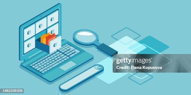 the concept of business, archiving data in a flat style. isometric projection. computer screen with archive folders and a search bar on a colored background. - archives stock illustrations