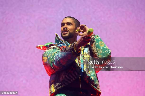 Bad Bunny performs at the Coachella Stage during the 2023 Coachella Valley Music and Arts Festival on April 14, 2023 in Indio, California.