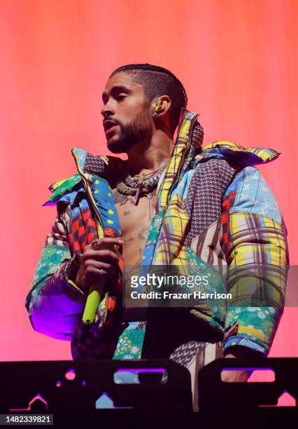 Bad Bunny performs at the Coachella Stage during the 2023 Coachella Valley Music and Arts Festival on April 14, 2023 in Indio, California.