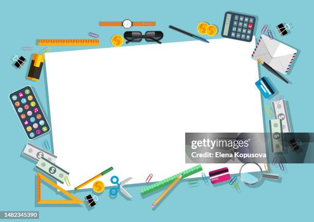 the concept of office work, data transfer in a flat style. mobile devices and office items on a colored background with space for text. creative illustration for web applications, presentations, print. - engineering office background stock illustrations