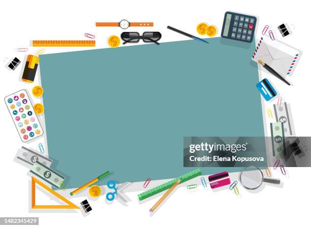 the concept of office work, data transfer in a flat style. mobile devices and office items on a isolated white background with space for text. creative illustration for web applications, presentations, print. - engineering office background stock illustrations