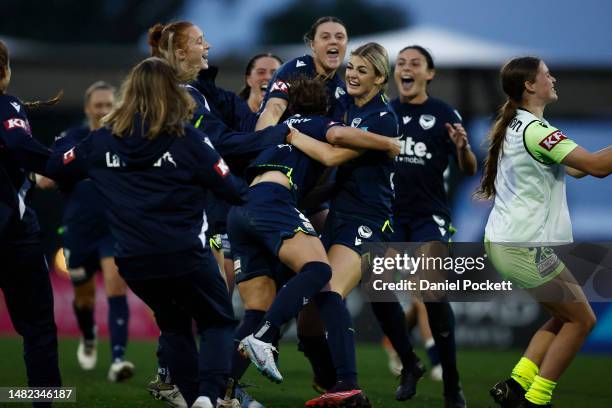 Melbourne Victory celebrate winning the penalty shootout to conclude the A-League Women's Semi Final match between Melbourne City and Melbourne...