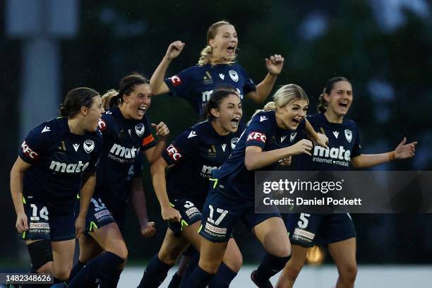 Melbourne Victory celebrate winning the penalty shootout to conclude the A-League Women's Semi Final match between Melbourne City and Melbourne...