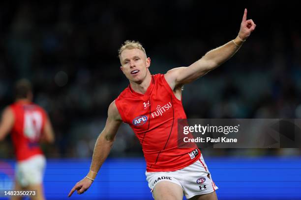 Nick Hind of the Bombers celebrates a goal during the round five AFL match between Essendon Bombers and Melbourne Demons at Adelaide Oval, on April...
