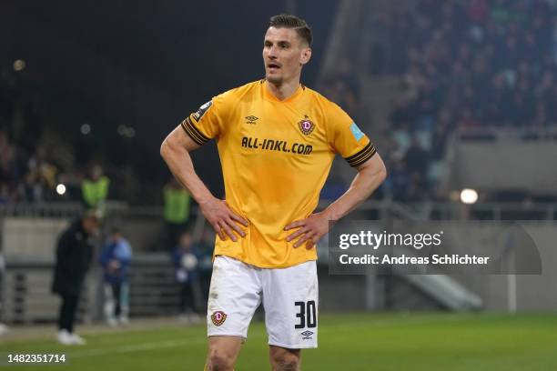 Stefan Kutschke of Dynamo Dresden during the 3. Liga match between 1. FC Saarbrücken and Dynamo Dresden at Ludwigsparkstadion on April 14, 2023 in...