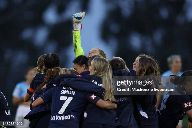 Melbourne Victory celebrate winning during the A-League Women's Semi Final match between Melbourne City and Melbourne Victory at Casey Fields, on...