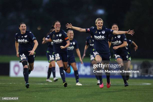 Melbourne Victory celebrate winning during the A-League Women's Semi Final match between Melbourne City and Melbourne Victory at Casey Fields, on...