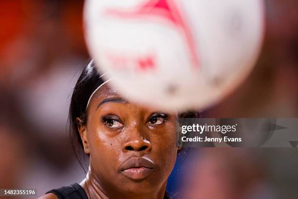 Shimona Nelson of the Magpies looks on during the round five Super Netball match between Giants Netball and Collingwood Magpies at Ken Rosewall...