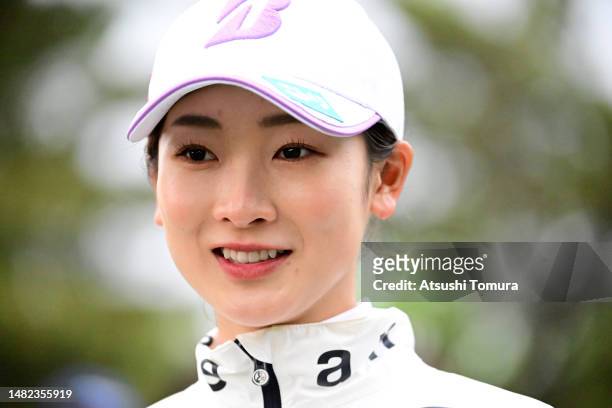 Rei Matsuda of Japan speaks to media after the second round of KKTcup VANTELIN Ladies Open at Kumamoto Kuko Country Club on April 15, 2023 in Kikuyo,...