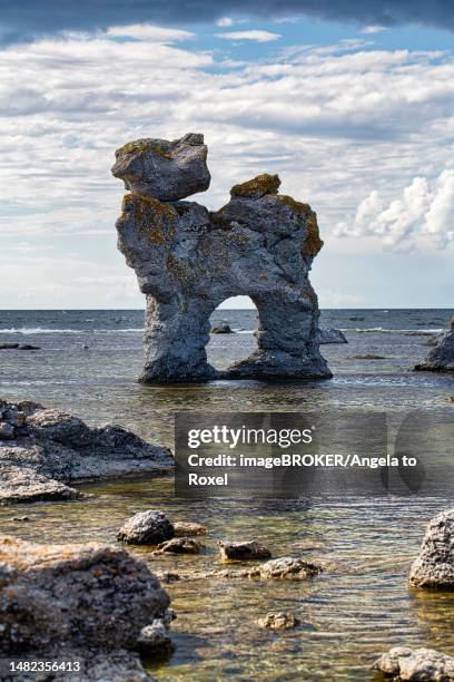 limestone pillar, rock gate, figure dog, raukar in the former harbour basin gamle hamn or gamla hamn, faroe island, faroe, gotland, baltic sea, sweden - hamn stock pictures, royalty-free photos & images