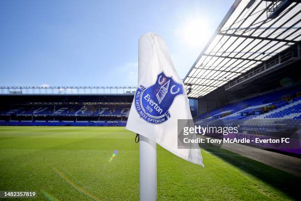 General view of a corner flag at Goodison Park before the Premier League match between Everton FC and Fulham FC at Goodison Park on April 15, 2023 in...