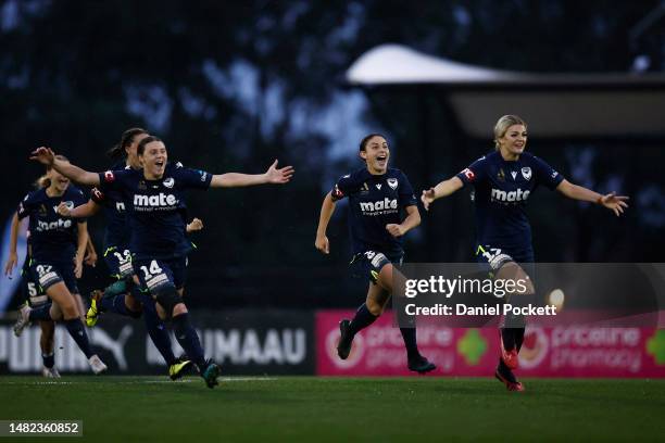 Melbourne Victory celebrate winning the penalty shootout to decide the A-League Women's Semi Final match between Melbourne City and Melbourne Victory...