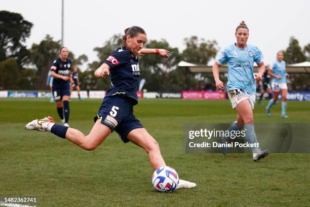 Jessika Nash of the Victory kicks the ball during the A-League Women's Semi Final match between Melbourne City and Melbourne Victory at Casey Fields,...