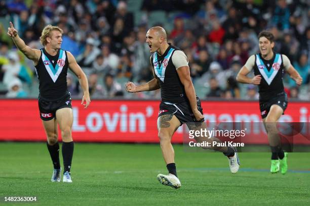 Sam Powell-Pepper of the Power celebrates a goal during the round five AFL match between Port Adelaide Power and Western Bulldogs at Adelaide Oval,...