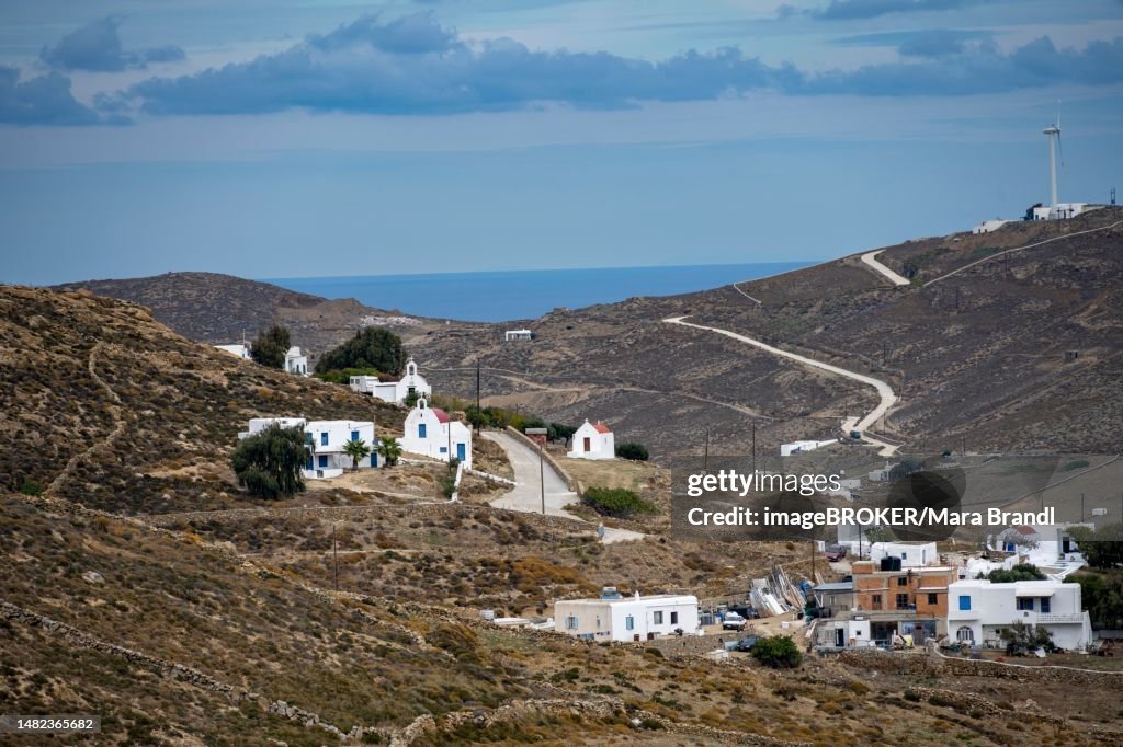 View Over Stony Dry Hills Of Mykonos Island With White Cycladic Houses ...