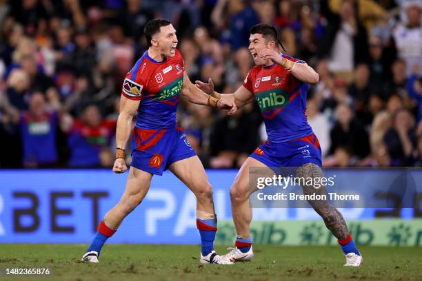 Tyson Gamble of the Knights celebrates after kicking a field goal during the round seven NRL match between Newcastle Knights and Penrith Panthers at...