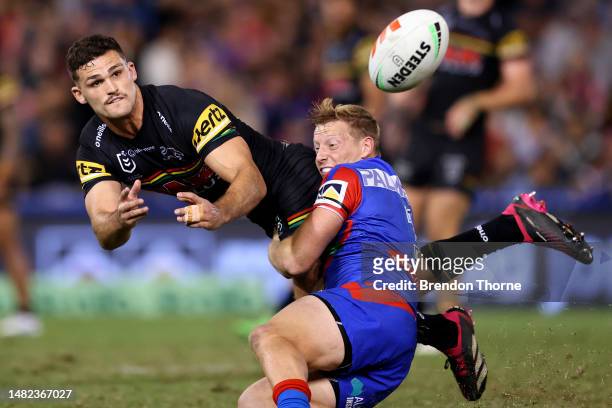 Nathan Cleary of the Panthers offloads the ball during the round seven NRL match between Newcastle Knights and Penrith Panthers at McDonald Jones...