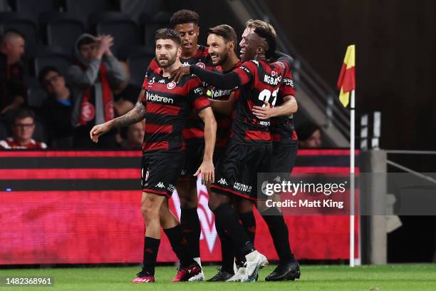 Brandon Borrello of the Wanderers celebrates with team mates after scoring a goal during the round 24 A-League Men's match between Western Sydney...