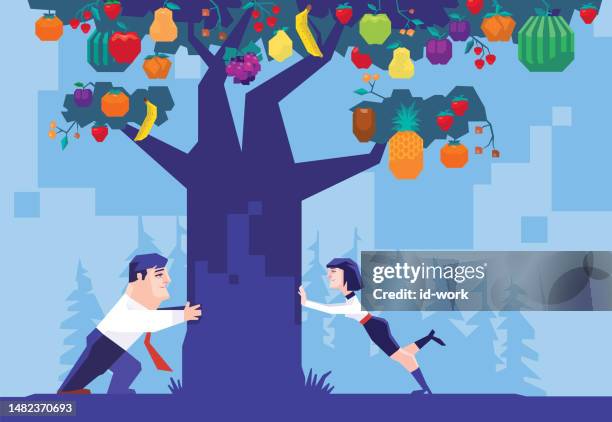 couple pushing fruits tree - pushing forward stock illustrations