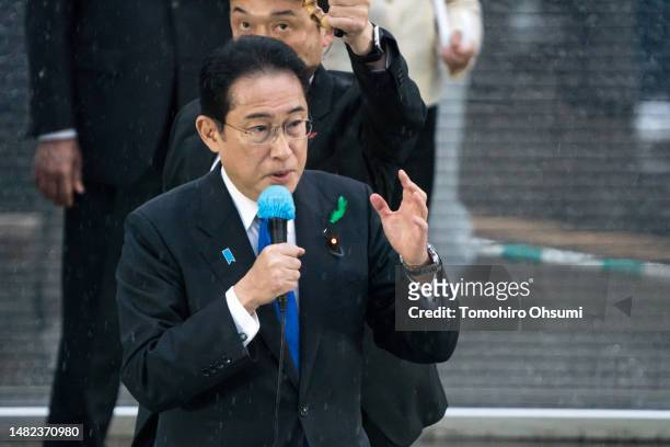 Japan's Prime Minister Fumio Kishida makes a speech during an election rally on April 15, 2023 in Urayasu, Chiba, Japan. Kishida evacuated unharmed...