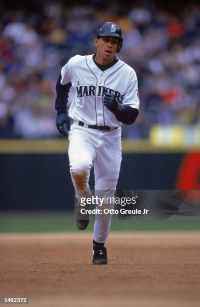 Alex Rodriguez of the Seattle Mariners running bases during a game against the Tampa Bay Devil Rays at the Safeco Field in Seattle, Washington. The...