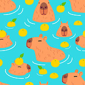 Cute Capybara seamless pattern background vector design. Capybara in onsen
