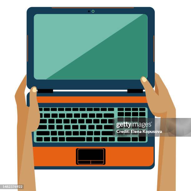 wireless technology concept in flat style. hands holding an open laptop on an isolated white background. - computer screen close up stock illustrations